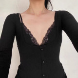 alternative softlounge same style black sexy lace faux two-piece long-sleeve top