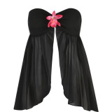 Tropical island vacation style sweet and spicy three-dimensional floral embellished semi-transparent ruffled black open-front long tube top