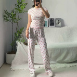 top, -style straight-leg pants, slim-fit sexy short-sleeve T-shirt, heart-printed set