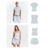 Summer New Printed Versatile Slim-Fit Round-Neck T-Shirt Blue Strapless Casual Shorts Set