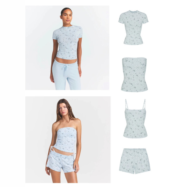 Summer New Printed Versatile Slim-Fit Round-Neck T-Shirt Blue Strapless Casual Shorts Set