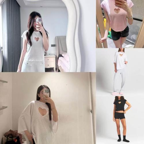 American  New Valentine's Day Limited Edition Heart-Shaped Hollow Short-Sleeve T-Shirt, Shorts, Straight Pants Casual Versatile Set