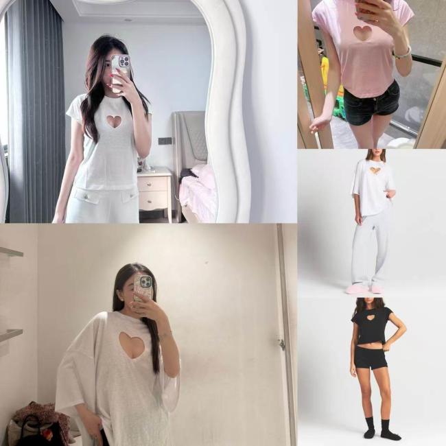 American  New Valentine's Day Limited Edition Heart-Shaped Hollow Short-Sleeve T-Shirt, Shorts, Straight Pants Casual Versatile Set
