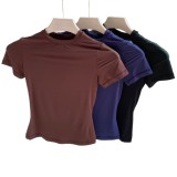 round-neck short-sleeve T-shirt for women, new summer model, hourglass-shaped tight top, sexy and lightweight, solid color