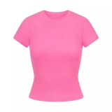 New  top T-shirt, short-sleeved, stretchy, slim-fit, Kylie-style ribbed pure cotton round-neck base shirt