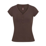 style new vintage summer short-sleeve T-shirt, pure cotton base shirt with buttoned V-neck top