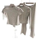 im  Christmas print stretch ribbed knit high-waisted pants with square neckline and lace trim