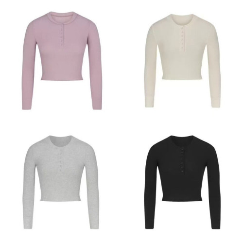 -style long-sleeve T-shirt, new waffle series knitted pullover top, slimming effect