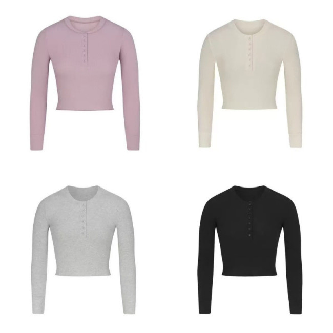 -style long-sleeve T-shirt, new waffle series knitted pullover top, slimming effect