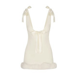 Christmas Limited Edition White Satin Bow Strap Camisole Sexy Furry Mini Dress