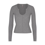 -style ribbed open small U-neck SOFT LOUNGE base shirt long-sleeve T-shirt women's top