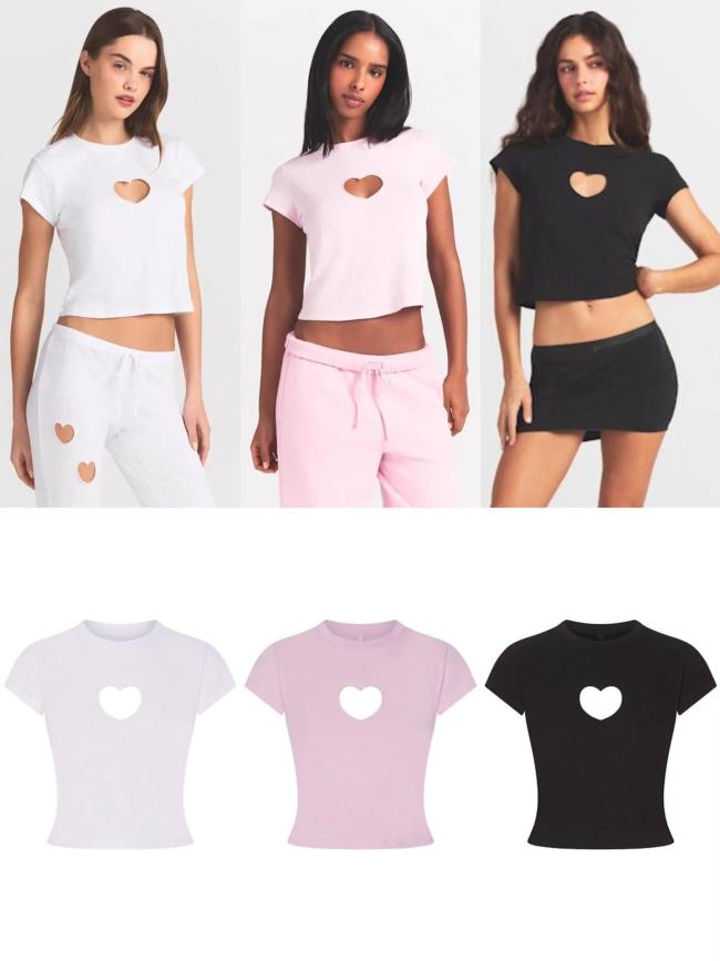 Valentine's Day limited edition pink heart cutout short-sleeve T-shirt and long pants jumpsuit