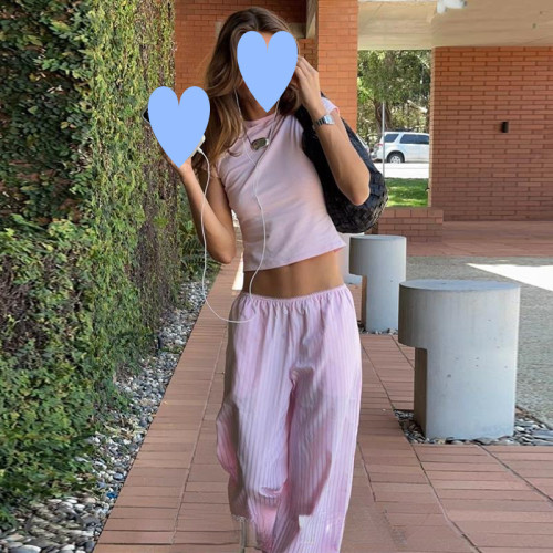 Influencer * celebrity style niche in-stock Lioness pink striped short-sleeve T-shirt and loose casual pants
