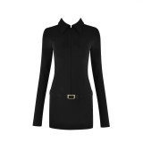 Sexy tight-fitting black long-sleeve stretchy knit polo-neck bodycon mini dress