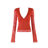 European and American hot girl pure desire lace sexy V-neck long-sleeve top with see-through design, sweet and spicy girl outfit