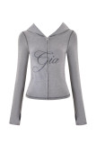 Slim-fit hooded zip-up short jacket and shorts set with letter print and contrast stitching