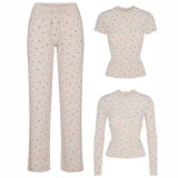 im  Christmas print stretch ribbed knit high-waisted pants with square neckline and lace trim