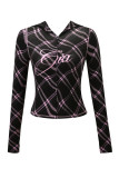 Slim-fit hooded zip-up short jacket and shorts set with letter print and contrast stitching