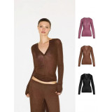 Sheer  ribbed knit V-neck buttoned long-sleeve top T-shirt henley shirt