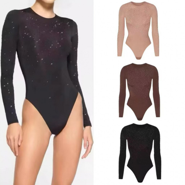 -style long-sleeve rhinestone embellished sexy one-piece top, waist-cinching, slimming, body-shaping T-shirt, versatile style