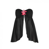 Tropical island vacation style sweet and spicy three-dimensional floral embellished semi-transparent ruffled black open-front long tube top