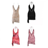American-style sexy hot girl print V-neck asymmetrical strap dress with open back, ruffles, and tie straps