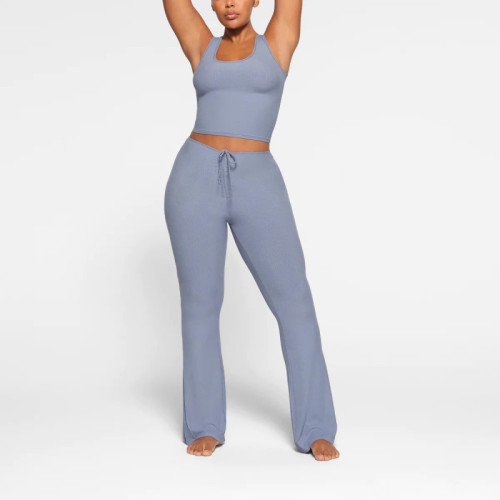 -style drawstring ruched haze blue casual pants for women, slimming and slightly flared women's casual pants
