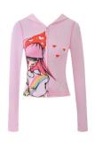 Millennial Girl Elastic Printed Zipper Hooded Top Slim Fit Set