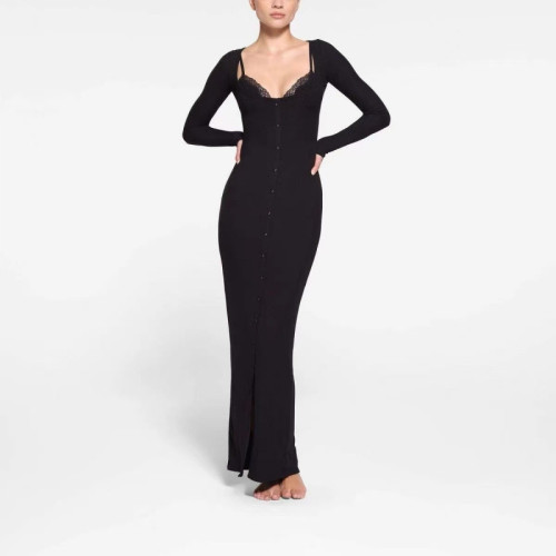 SOFT LOUNGE LACE New Ribbed Lace Trim Faux Two-Piece Long Sleeve Slim Dress