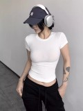 New  top T-shirt, short-sleeved, stretchy, slim-fit, Kylie-style ribbed pure cotton round-neck base shirt