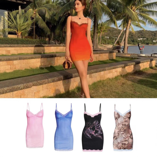 Australian Hot Girl Print Lace Bodycon Slim Mini Dress with Straps for Women, Slimming Bodycon Skirt