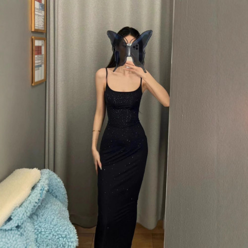 sexy backless rhinestone dress with a zippered hem that can be slit, waist-cinching, bodycon, and strapless