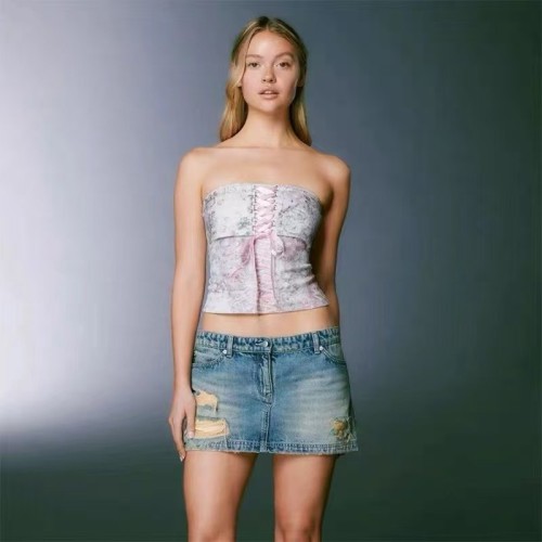 European and American hot girl ballet style pink ribbon cross bow strapless tight-fitting crop top