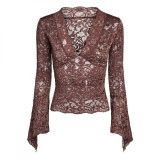 New sexy sheer top with a pure and alluring style, featuring a V-neck, hollow lace, bell sleeves, and a slim-fitting design