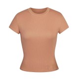 New  top T-shirt, short-sleeved, stretchy, slim-fit, Kylie-style ribbed pure cotton round-neck base shirt
