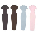 NEW VINTAGE Long Dress with Slit Ribbed Bodycon Dress Short Sleeve Long Dress