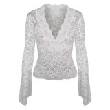 New sexy sheer top with a pure and alluring style, featuring a V-neck, hollow lace, bell sleeves, and a slim-fitting design