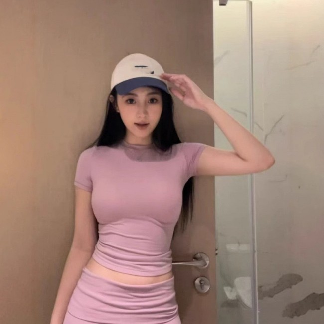 -style high-elastic slim-fit round-neck short-sleeve T-shirt for women, basic pure cotton tight-fitting base shirt, versatile top