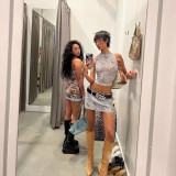 European and American hot girl's marble striped slim-fit printed sleeveless mesh halter neck top