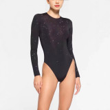 -style long-sleeve rhinestone embellished sexy one-piece top, waist-cinching, slimming, body-shaping T-shirt, versatile style