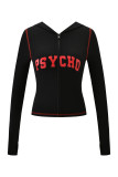 Slim-fit hooded zip-up short jacket and pants set with letter print and contrast stitching