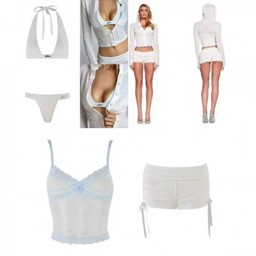 Semi-sheer lace mesh V-neck short camisole top with shorts, ruched tie straps, and drawstring set