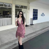 American-style sexy hot girl print V-neck asymmetrical strap dress with open back, ruffles, and tie straps