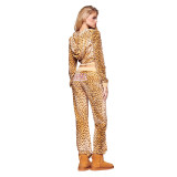 x VON DUTCH leopard print embroidered logo zip-up hooded jacket and pants set