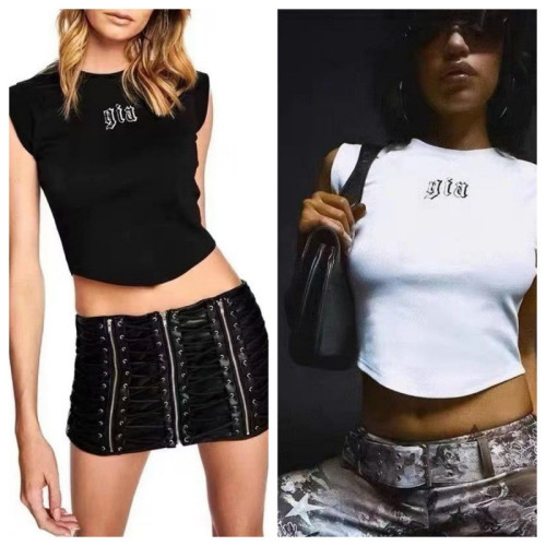 European and American sexy letter-print slim-fit street style round-neck cropped top women's short-sleeve T-shirt in American style