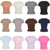 New  top T-shirt, short-sleeved, stretchy, slim-fit, Kylie-style ribbed pure cotton round-neck base shirt
