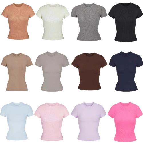 New  top T-shirt, short-sleeved, stretchy, slim-fit, Kylie-style ribbed pure cotton round-neck base shirt
