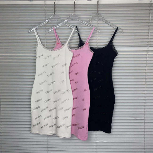 S·kims  rhinestone letter logo tight-fitting bodycon strap dress sexy lace dress