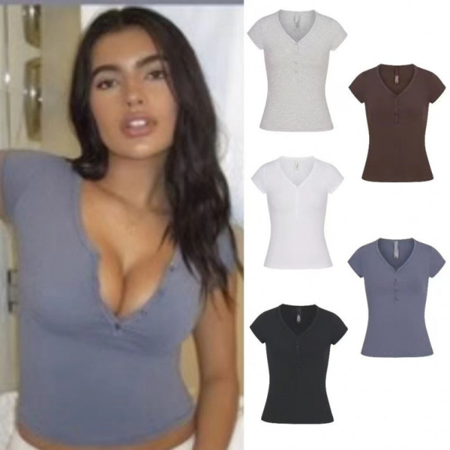 style new vintage summer short-sleeve T-shirt, pure cotton base shirt with buttoned V-neck top