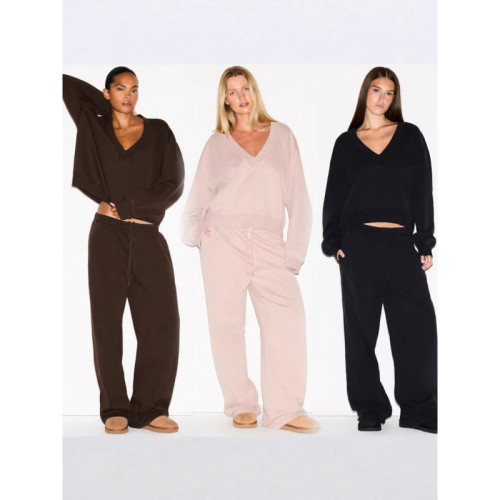 new women's autumn and winter drawstring sweatpants, solid color V-neck, loose, slimming, fashionable, casual long-sleeve sweatshirt